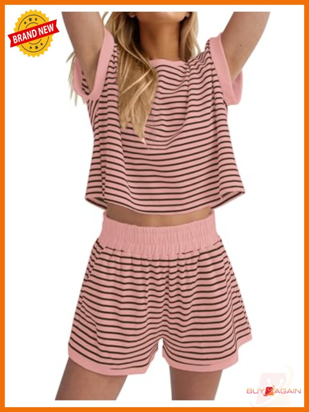 Stripe Knit Short Sleeve Top and Shorts Lounge Set Women's Two Piece Casual